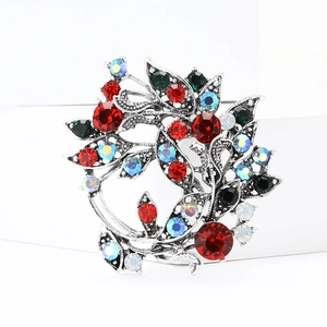 Elegant floral wreath brooch with colorful rhinestones on silver alloy base for women