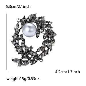 Vintage alloy branch brooch with grey crystals and a large grey pearl for women's suits