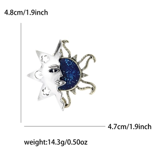 Retro Emaille Brosche mit Sonne und Mond Motiv in Silber mit blauem Glitzer