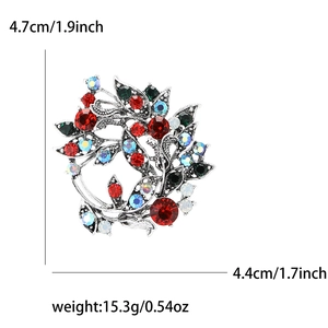 Elegant vintage alloy flower wreath brooch with colorful rhinestones and size measurements