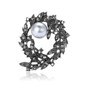 Vintage silver branch brooch with grey pearl and dark rhinestones for women