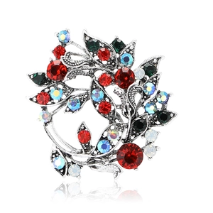 Elegant floral wreath brooch with colorful rhinestones in silver-plated alloy setting