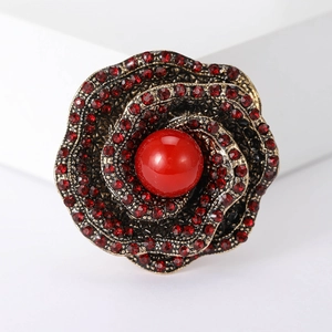 Vintage gold rose brooch with red crystals and resin bead for elegant women suits