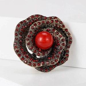 Vintage style rose brooch with red rhinestones and golden metal for women's suit coat