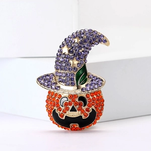 Halloween pumpkin wizard hat brooch with vibrant orange and purple crystal rhinestones