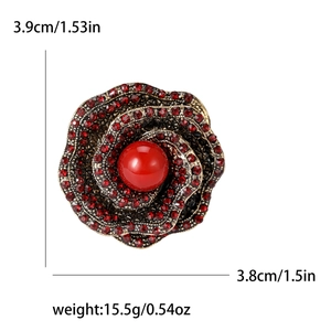 Vintage rose flower brooch with red rhinestones and crystal detail for suits and coats