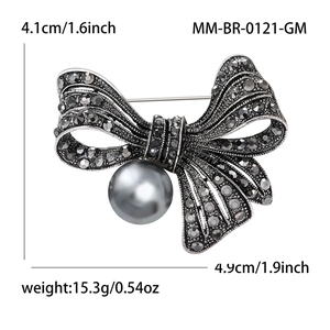 Vintage alloy bow brooch with dark grey rhinestones and pearl pendant for women clothes