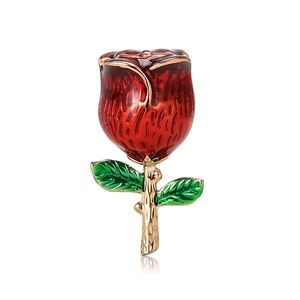 Spilla vintage in smalto a forma di rosa rossa con foglie verdi e stelo dorato lucido
