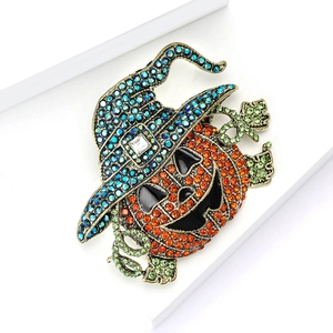 Sparkling Halloween pumpkin wizard brooch with colorful rhinestones on an alloy base