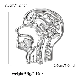 Detailed size chart showing 3.0cm height and 2.6cm width of silver brain anatomy brooch