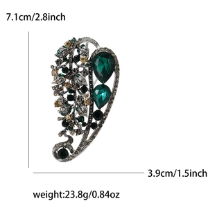 Vintage style hollow leaf brooch with green rhinestones and antique silver finish