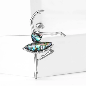 Elegant silver ballet dancer brooch with iridescent shell inlay and white rhinestones