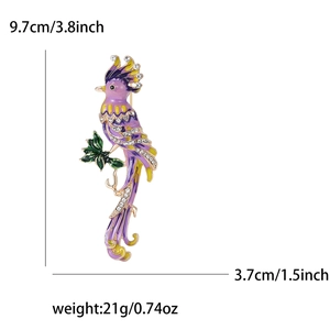 Vue détaillée de la broche perroquet en émail avec dimensions 9,7 cm par 3,7 cm