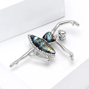 Elegant ballet dancer brooch in silver alloy with abalone shell and sparkling rhinestones