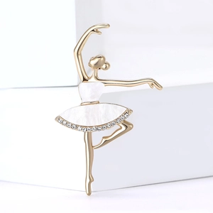 Exquisite goldene Ballerina-Brosche mit weißem Emaille-Rock und funkelnden Kristallen