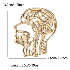 Creative anatomical human brain profile brooch in polished gold plating with dimensions