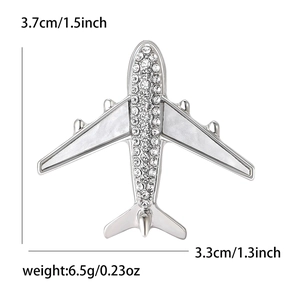 Creative airplane brooch pin with silver alloy, sparkling rhinestones and pearl inlay