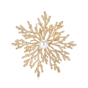 Elegant gold snowflake brooch with pearl centerpiece for women suit or sweater accessory