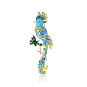 Broche perroquet à longue queue en alliage et émail avec strass et placage doré