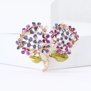 Elegant enamel hydrangea flower brooch with purple pink petals and shiny rhinestones