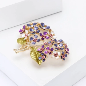 Elegant floral hydrangea brooch with colorful enamel petals and sparkling rhinestones
