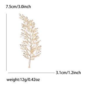Elegant gold leaf brooch with white pearls and detailed size measurements in inches