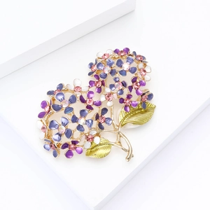 Elegant hydrangea flower brooch with purple enamel petals and pink crystals for women