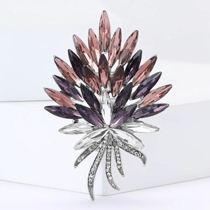 Elegant torch-shaped alloy brooch with colorful marquise crystals and silver ribbon detail