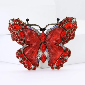 Exquisite red rhinestone butterfly brooch in vintage gold alloy for elegant women fashion