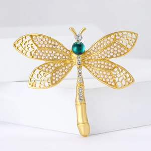 Broche Libellule en Alliage d'Or Vintage Avec Imitation Künstliche Perle Strass et Pierre Verte Pour Bijoux de Costume de Femme