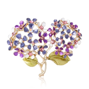 Elegant gold-tone hydrangea flower brooch with purple enamel and crystal accents