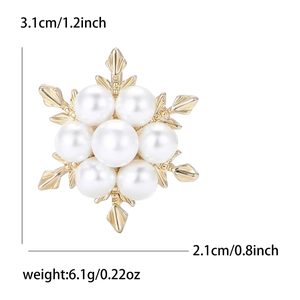 Broche flocon de neige en perles et alliage doré avec mesures de taille et poids