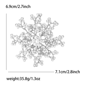 Elegant snowflake pearl brooch for women with silver metal frame and detailed measurements