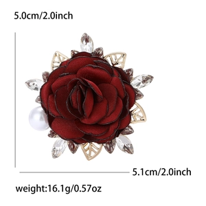 Elegant burgundy fabric rose brooch with rhinestones and pearls for women suits