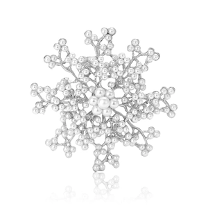 Exquisite silver alloy snowflake brooch with white faux pearls on white background