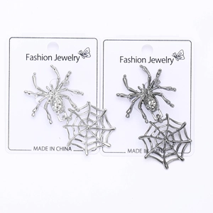Détail de pendentifs araignée et toile en argent et métal noir sur carte