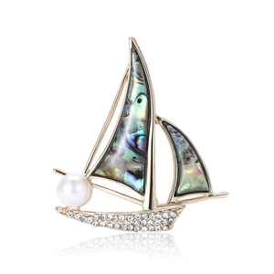 Elegante Spilla a Barca a Vela Con Guscio di Abulone Perla Artificiale Strass Placcato Oro Spilla Nautica per Abito Gioielli Uomo Donna