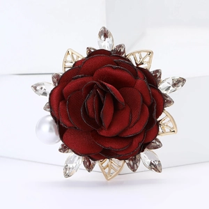 Elegant wine red fabric rose brooch with gold leaves, rhinestones and a white pearl accent