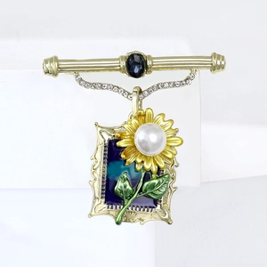 Vintage Alloy Enamel Sunflower Painting Brooch For Women Retro Palace Style Floral Pin With Faux Artificial Pearl Rhinestone Jewelry