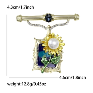 Vintage sunflower enamel brooch with blue gemstone and pearl in palace art style