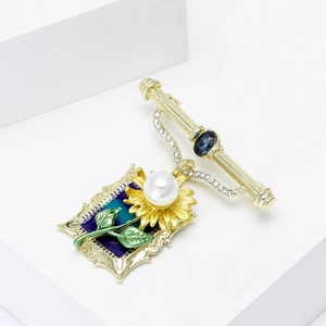 Exquisite sunflower frame brooch with enamel leaves and sparkling crystal accents