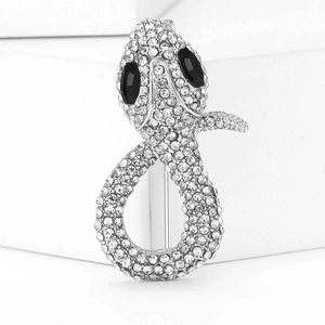Macro shot of silver snake brooch with sparkling rhinestones and black gem eyes