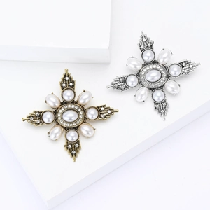 Vintage Baroque Cross Star Brooch Pin With Faux Artificial Pearl Rhinestone Alloy Metal Jewelry For Women Party Banquet Clothing Accessories