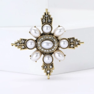 Vintage baroque pearl cross brooch with gold alloy and sparkling crystals for women