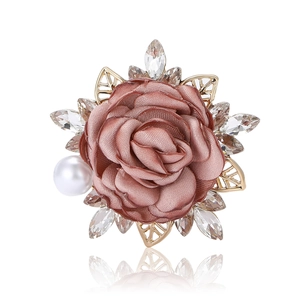 Exquisite dusty pink fabric flower brooch with rhinestones and white pearl on gold setting