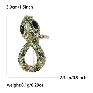 Green rhinestone snake brooch in gold alloy finish with detailed size measurements