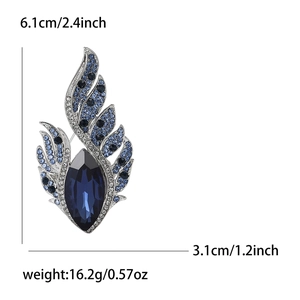 Elegant silver alloy wing brooch with navy rhinestone and blue crystals, 6.1cm tall