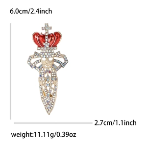 Gothic skull crown sword brooch with rhinestones and size measurements 6cm x 2.7cm