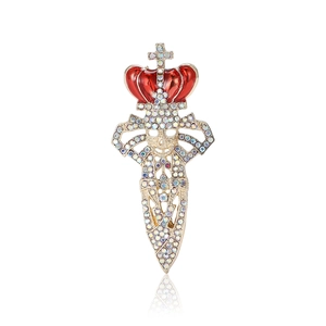 Gothic crown skull sword brooch in gold alloy with colorful rhinestones and red enamel