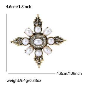 Vintage gold alloy baroque cross brooch with white pearls and rhinestones 4.6cm size